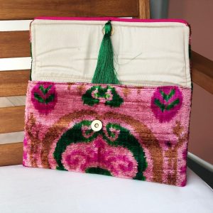 Exquisite Pink Ikat Velvet Clutch A Touch of Boho Elegance for Special Occasions