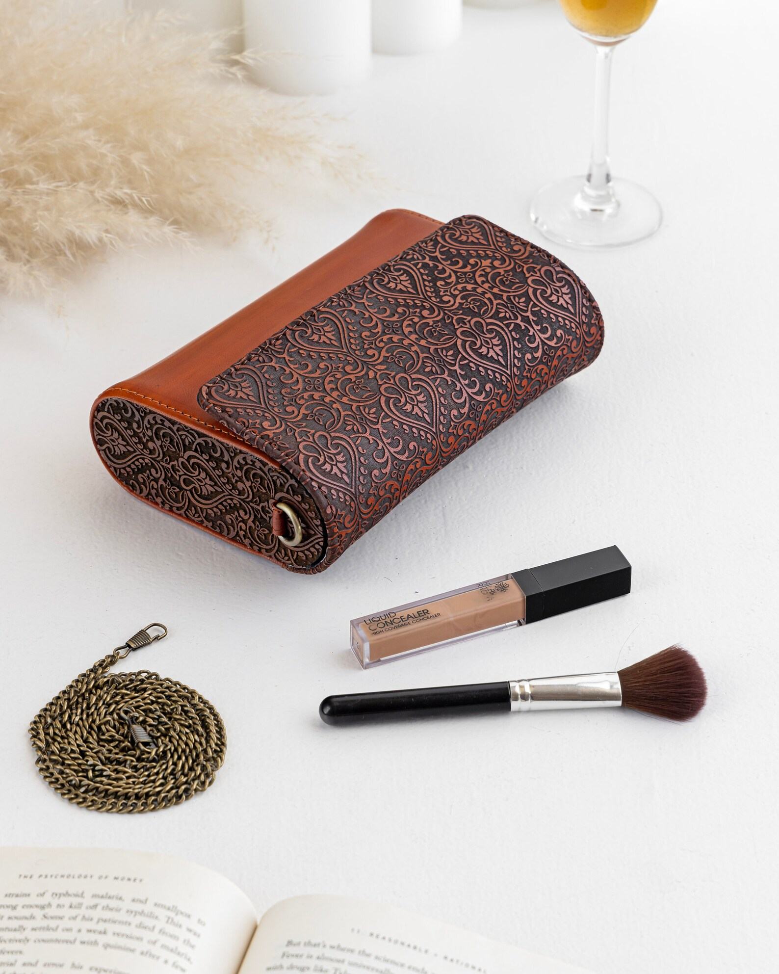 Exquisitely Crafted Orange Leather Sling Bag A Symphony of Teak Wood and Hand-Tooled Art - Image 6