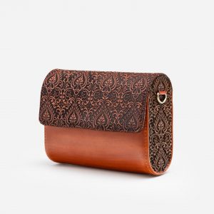 Exquisitely Crafted Orange Leather Sling Bag A Symphony of Teak Wood and Hand-Tooled Art