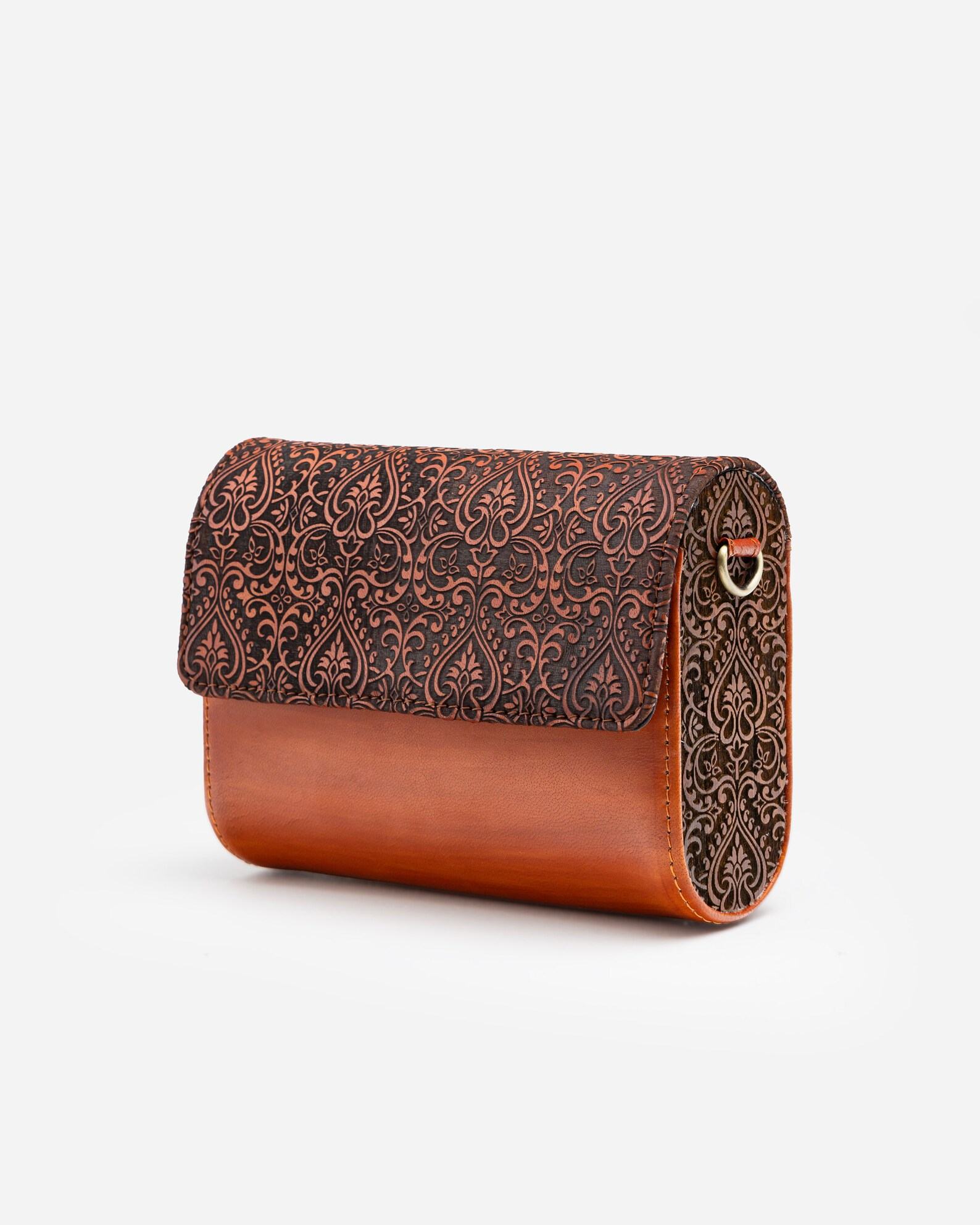 Exquisitely Crafted Orange Leather Sling Bag A Symphony of Teak Wood and Hand-Tooled Art - Image 3