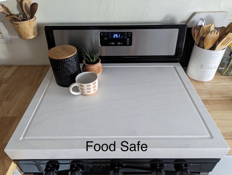 Farmhouse Stove Top Cover – White Wooden Tray – Gas & Electric Stove Protector – Handmade Cutting Board