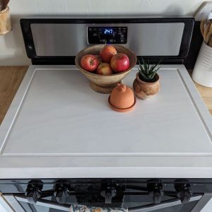 Farmhouse Stove Top Cover – White Wooden Tray – Gas & Electric Stove Protector – Handmade Cutting Board