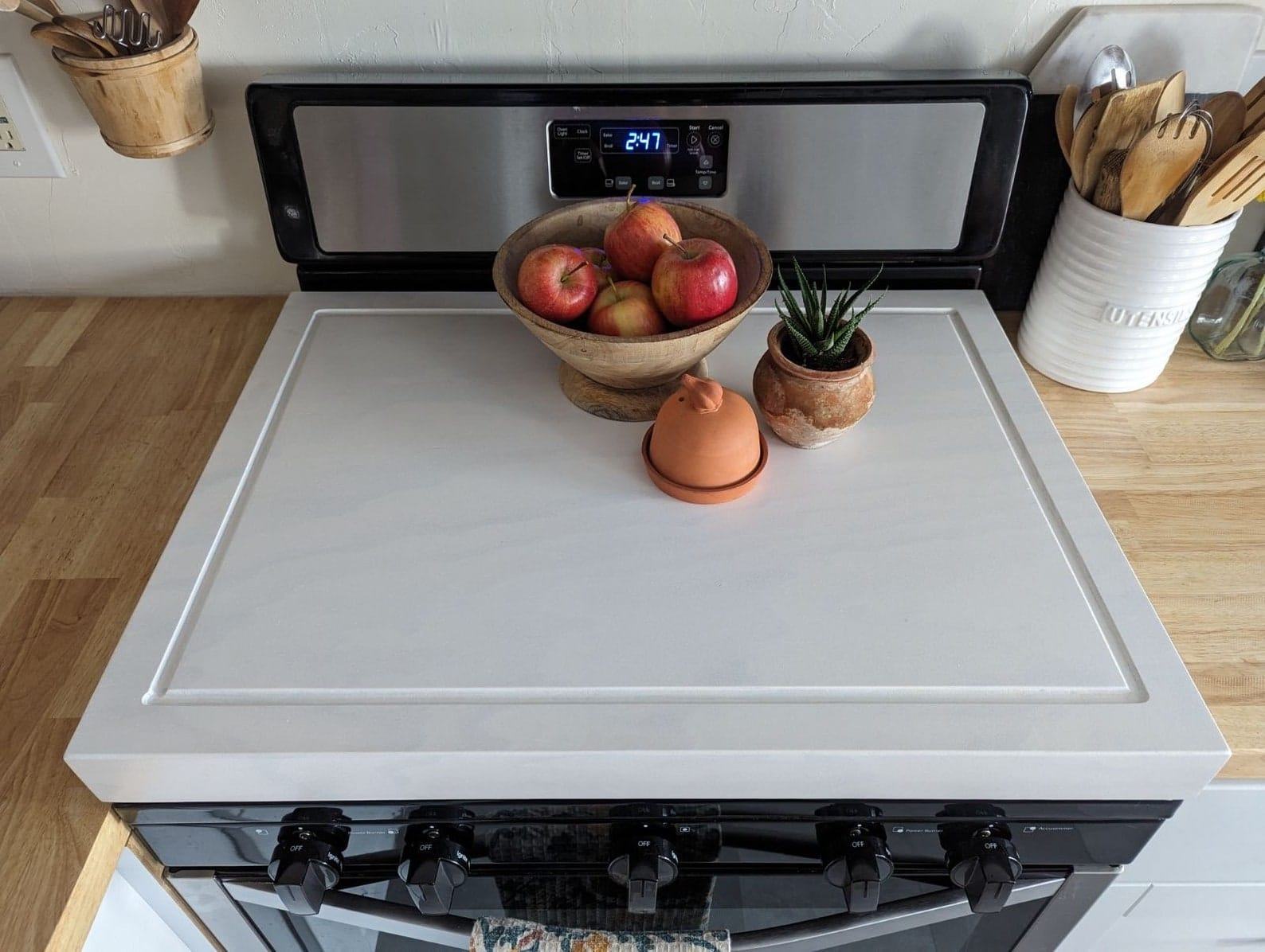 Farmhouse Stove Top Cover – White Wooden Tray – Gas & Electric Stove Protector – Handmade Cutting Board - Image 4