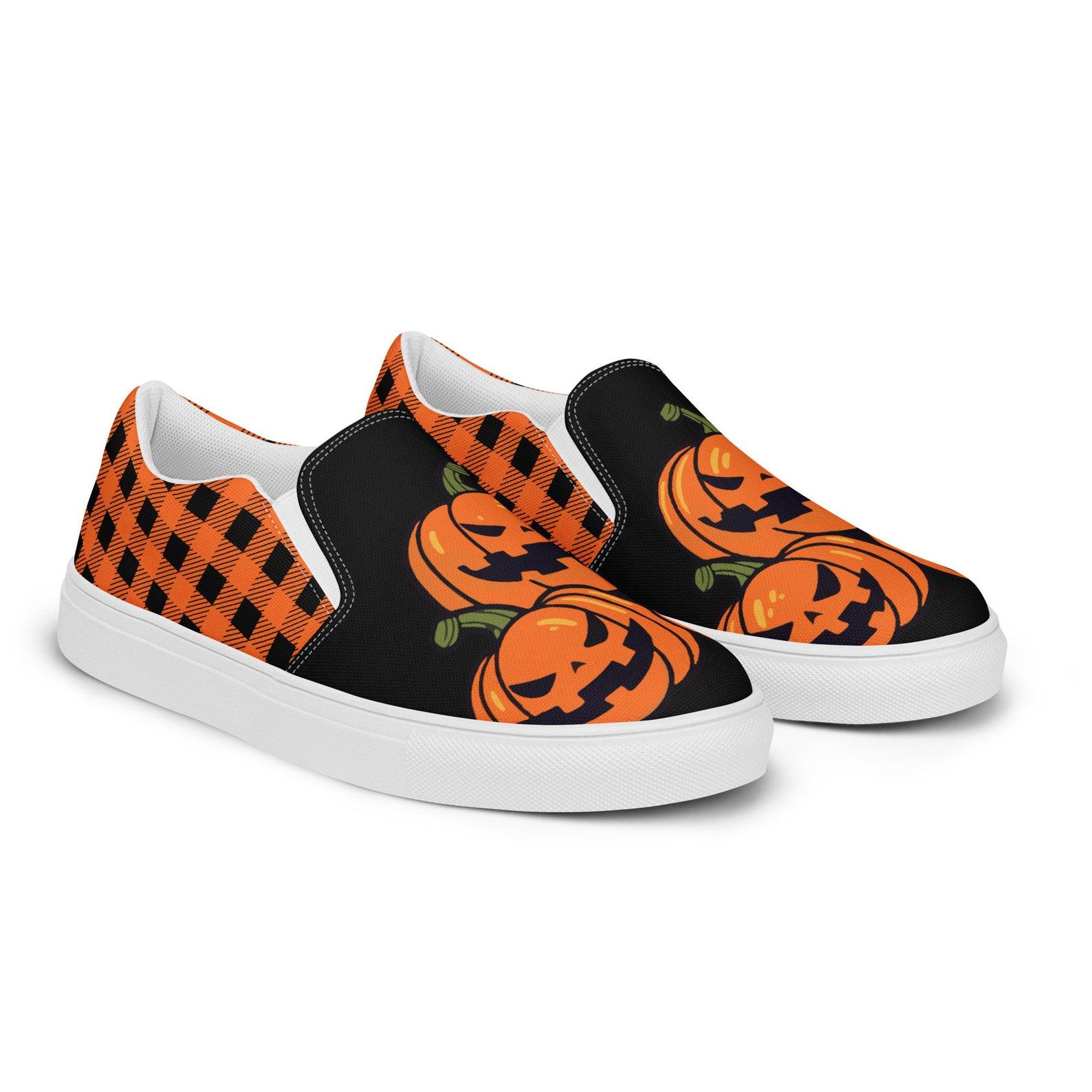 Festive Footwear for a Spooktacular Halloween Checkered and Jack-O-Lantern Canvas Slip-Ons
