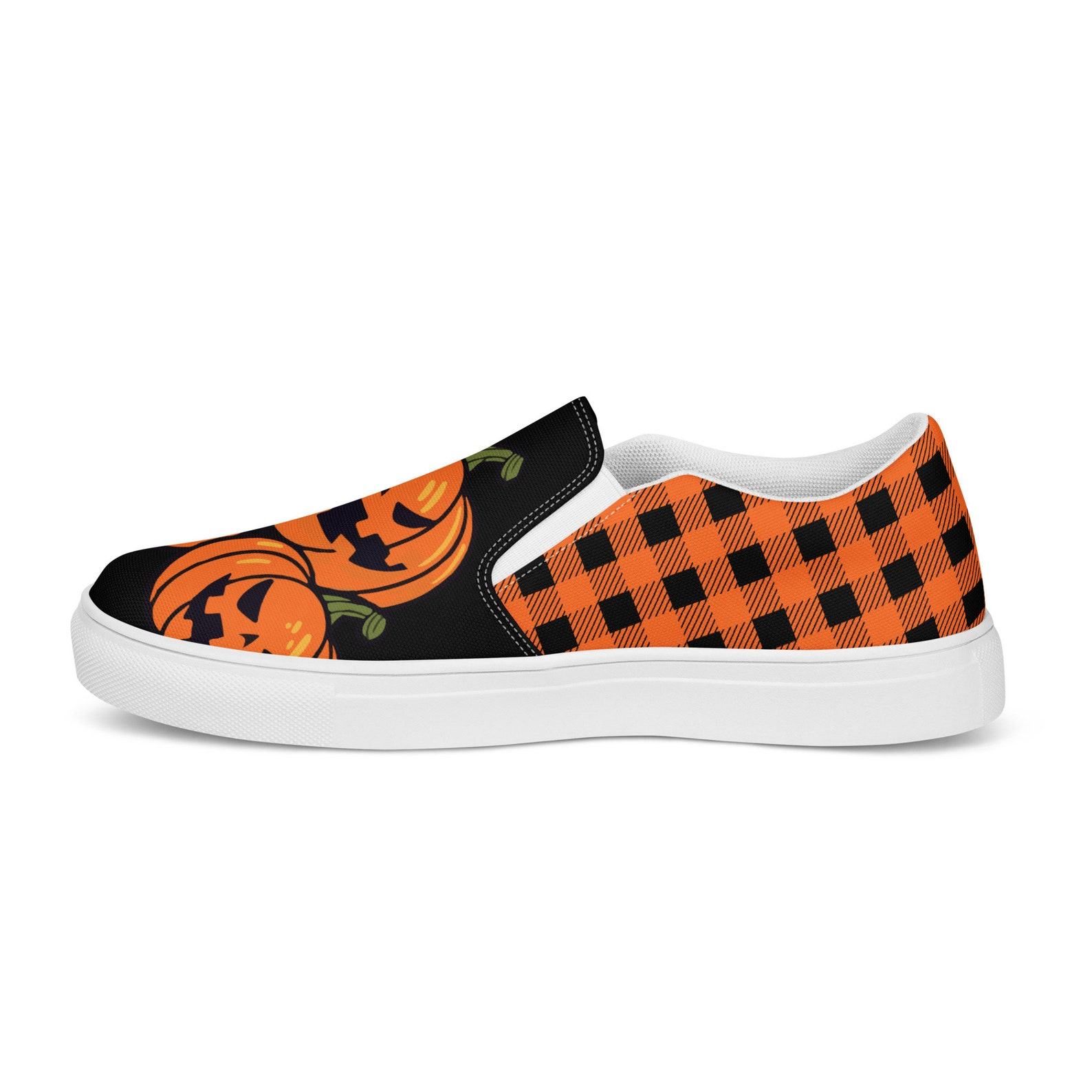 Festive Footwear for a Spooktacular Halloween Checkered and Jack-O-Lantern Canvas Slip-Ons