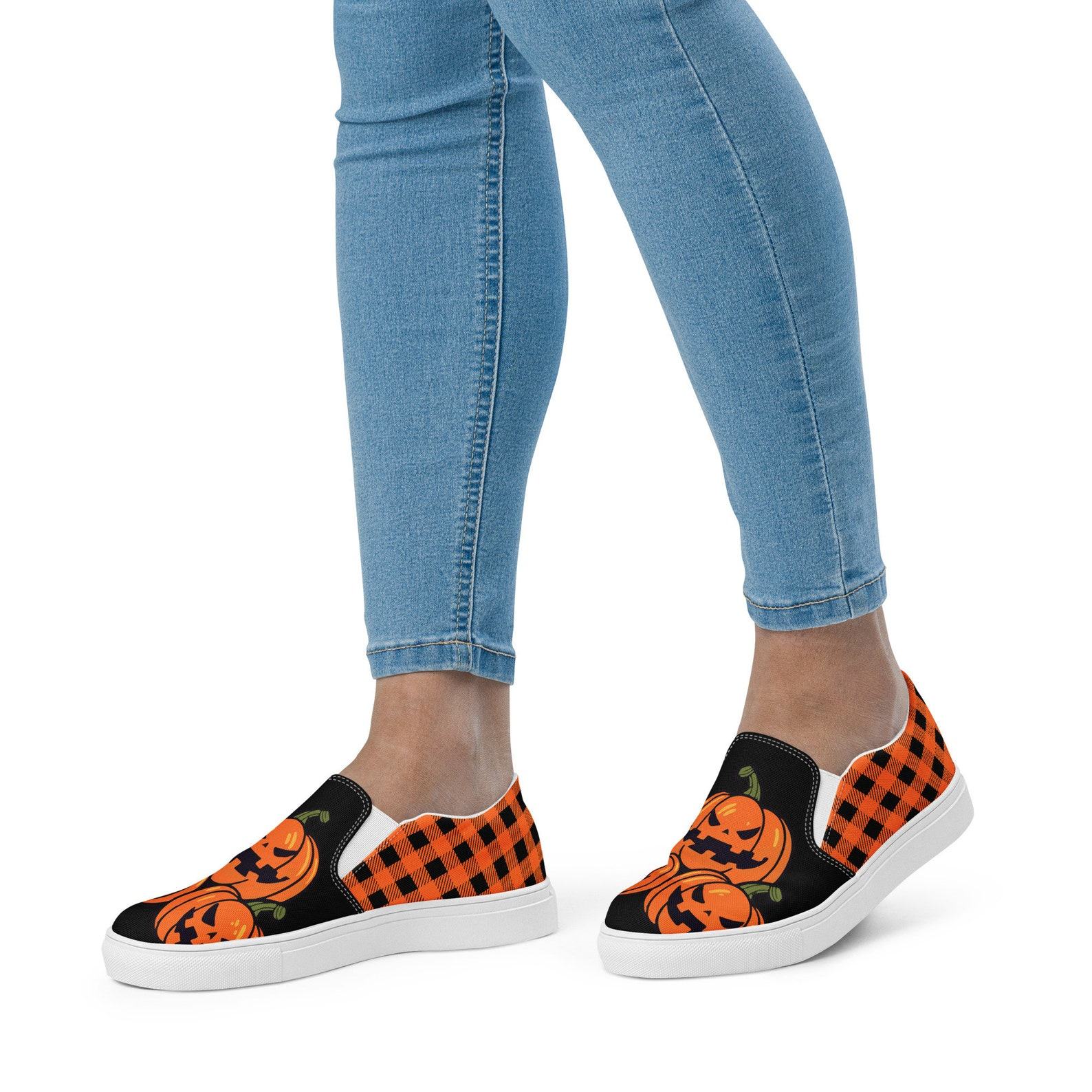 Festive Footwear for a Spooktacular Halloween Checkered and Jack-O-Lantern Canvas Slip-Ons