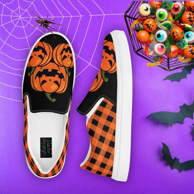 Festive Footwear for a Spooktacular Halloween Checkered and Jack-O-Lantern Canvas Slip-Ons