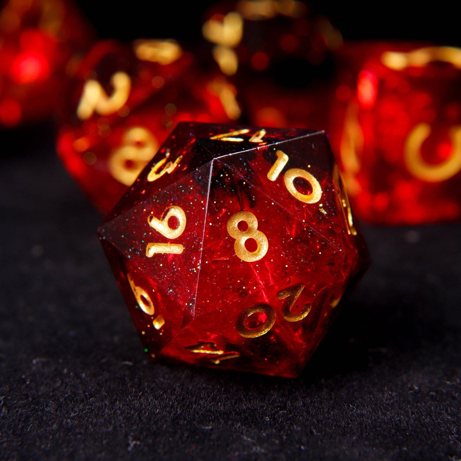 Fire Red Glittering D20 Dice Illuminate Your D&D Adventures with Handmade Precision