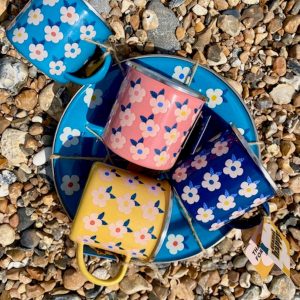Floral Enamelware Set 4 Plates & Mugs for Camping, Glamping, Beach, & Outdoors
