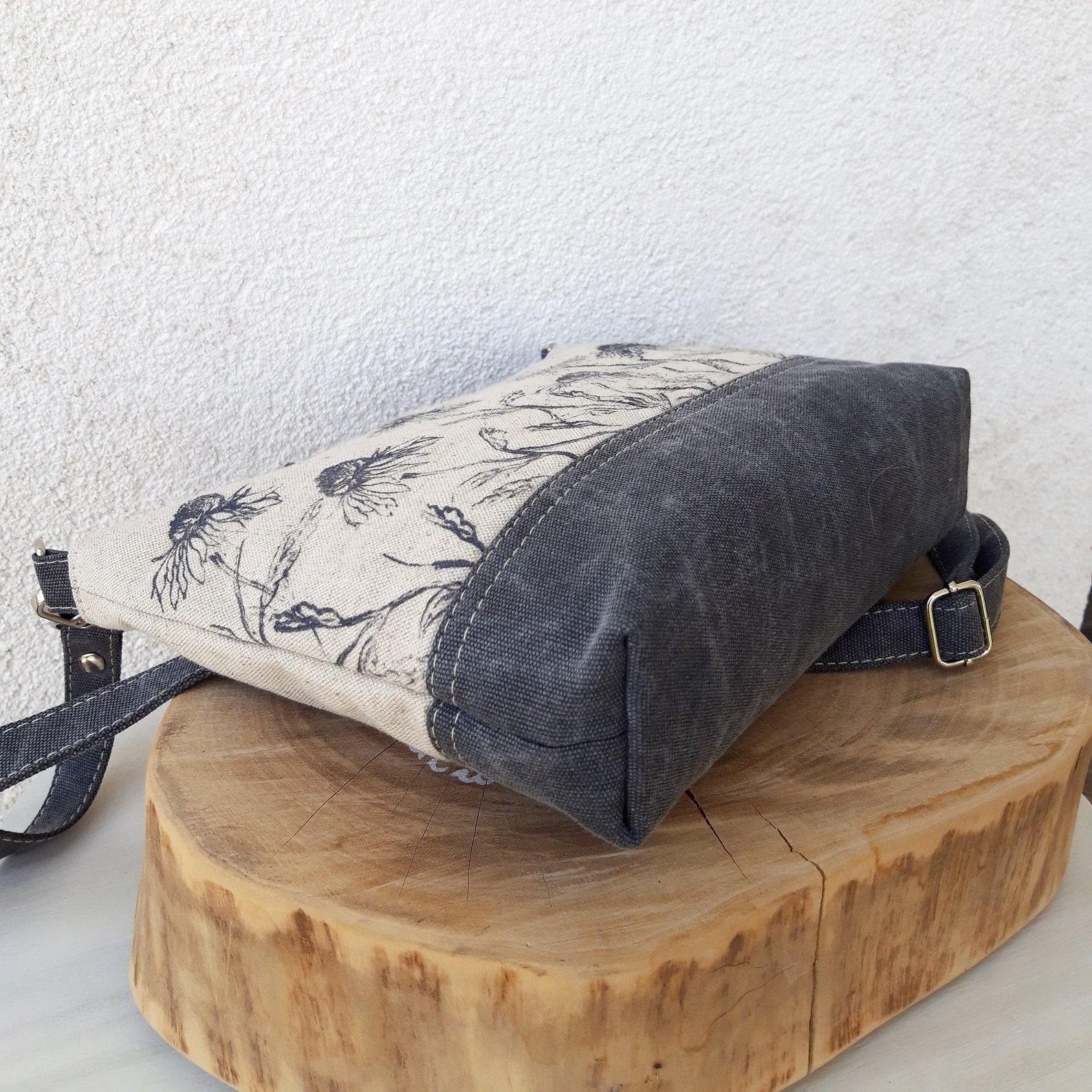 Floral Linen Crossbody Bag A Field of Blooms in Gray and White