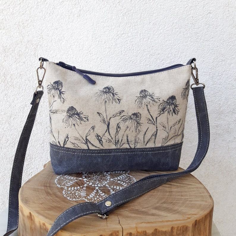 Floral Linen Crossbody Bag A Field of Blooms in Gray and White