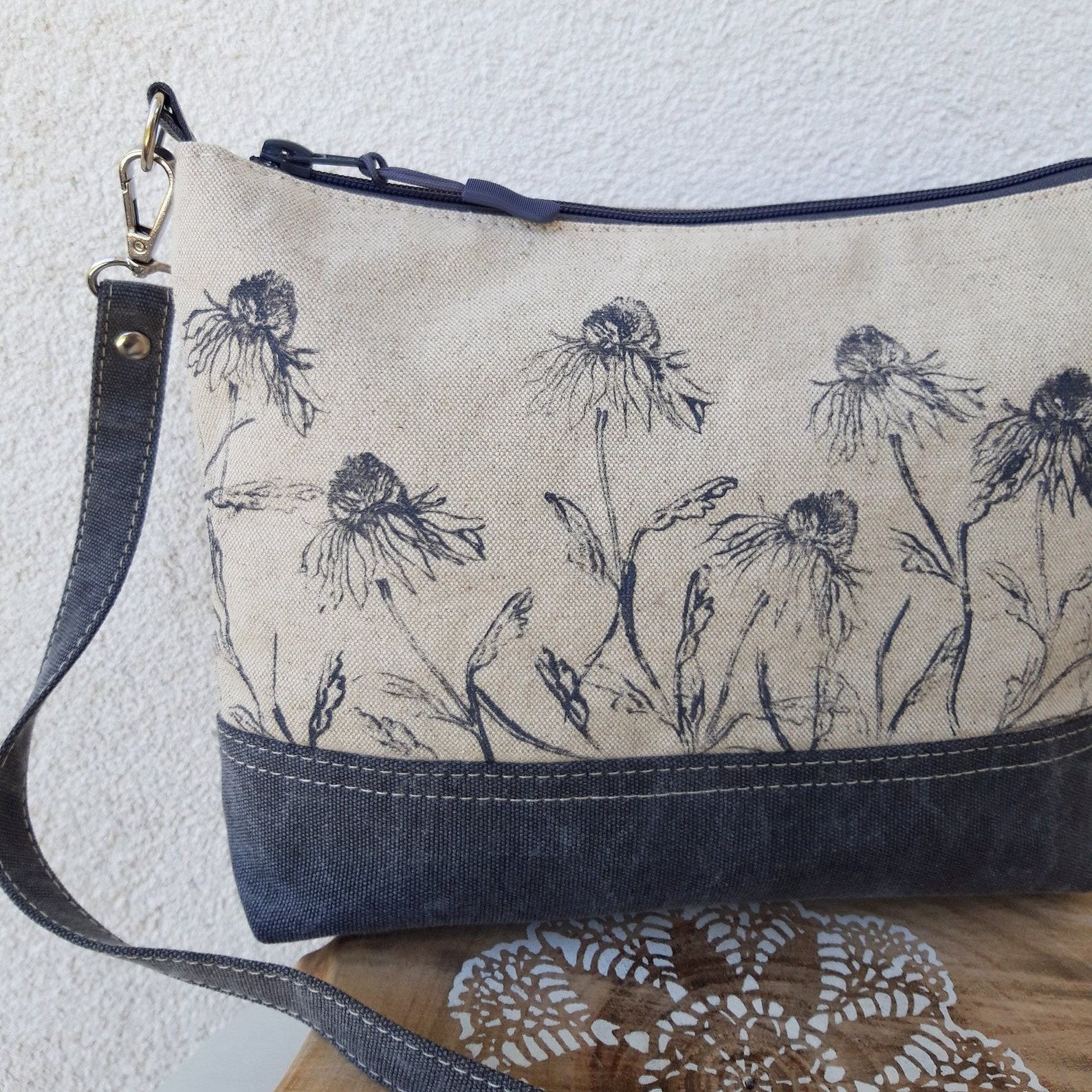 Floral Linen Crossbody Bag A Field of Blooms in Gray and White