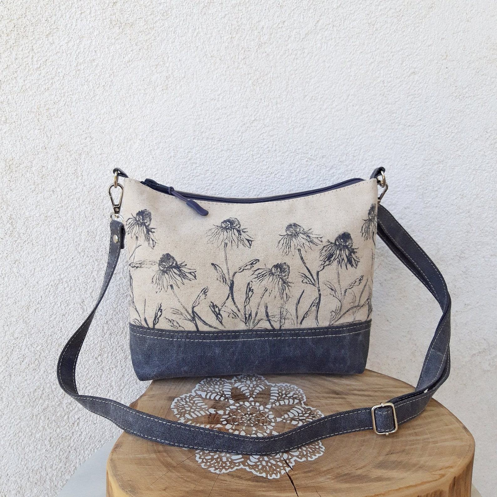 Floral Linen Crossbody Bag A Field of Blooms in Gray and White