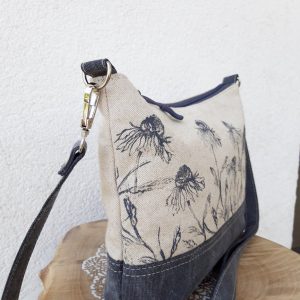 Floral Linen Crossbody Bag A Field of Blooms in Gray and White