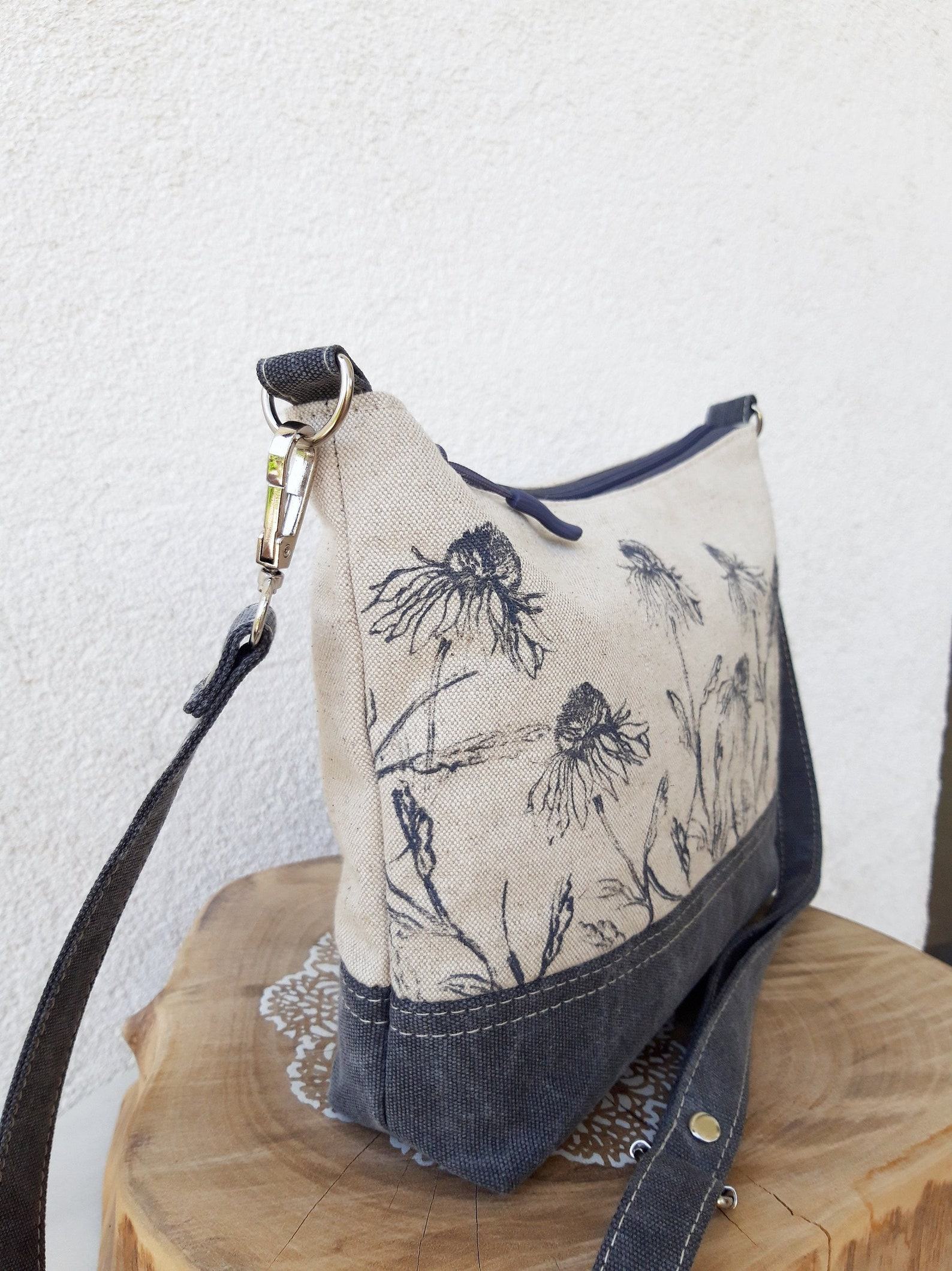 Floral Linen Crossbody Bag A Field of Blooms in Gray and White - Image 3