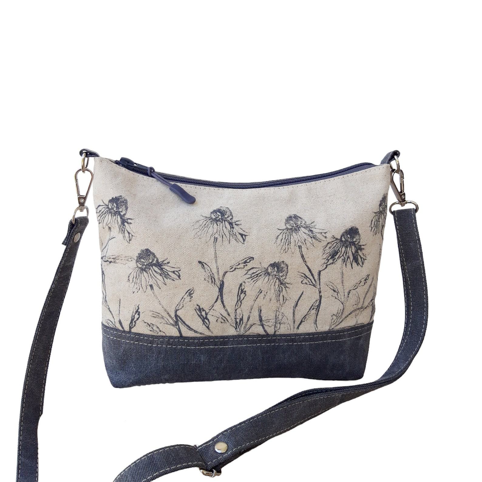 Floral Linen Crossbody Bag A Field of Blooms in Gray and White
