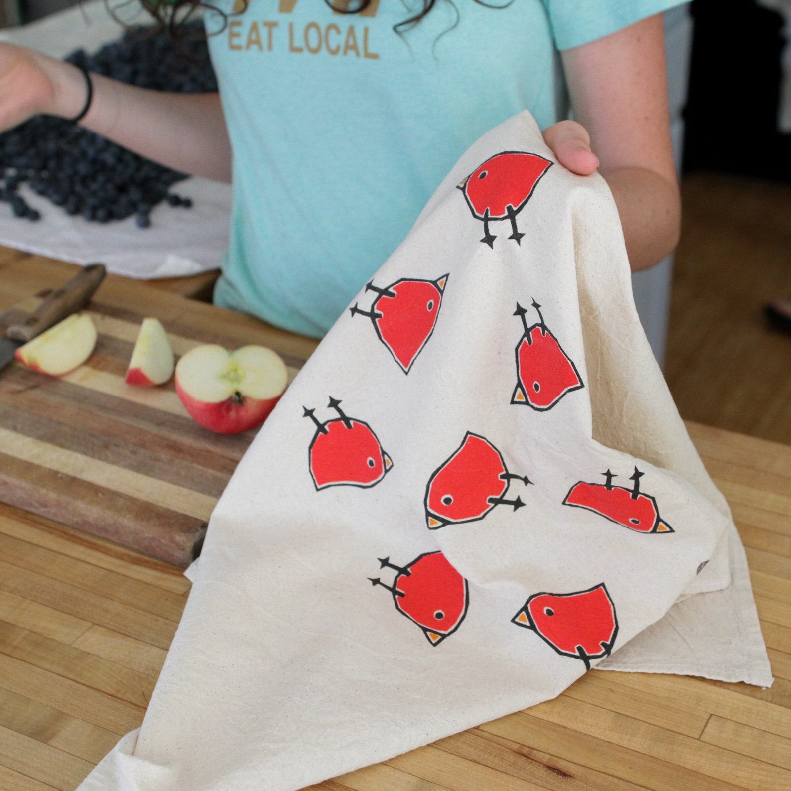 Flour Sack Tea Towel with Charming Bird Motif
