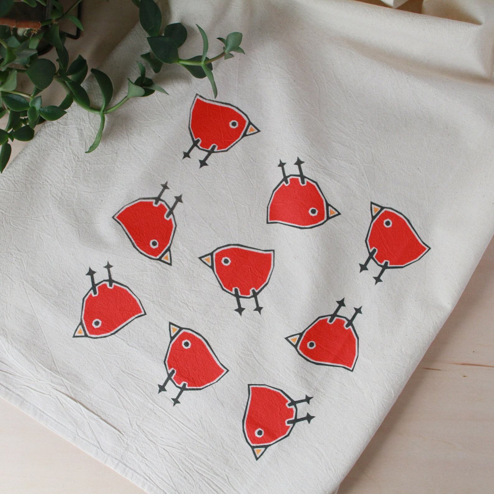 Flour Sack Tea Towel with Charming Bird Motif