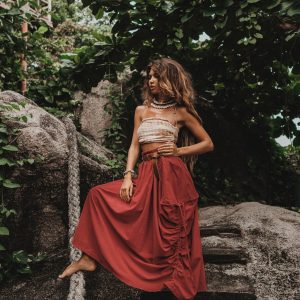 Flowy Bohemian Maxi Skirt Alaina in Organic Beige with Pockets