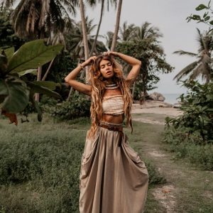 Flowy Bohemian Maxi Skirt Alaina in Organic Beige with Pockets