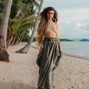 Flowy Bohemian Maxi Skirt Alaina in Organic Beige with Pockets