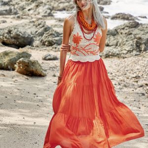 Flowy Bohemian Rhapsody Unleash Your Inner Gypsy with Our Orange Tiered Maxi Skirt