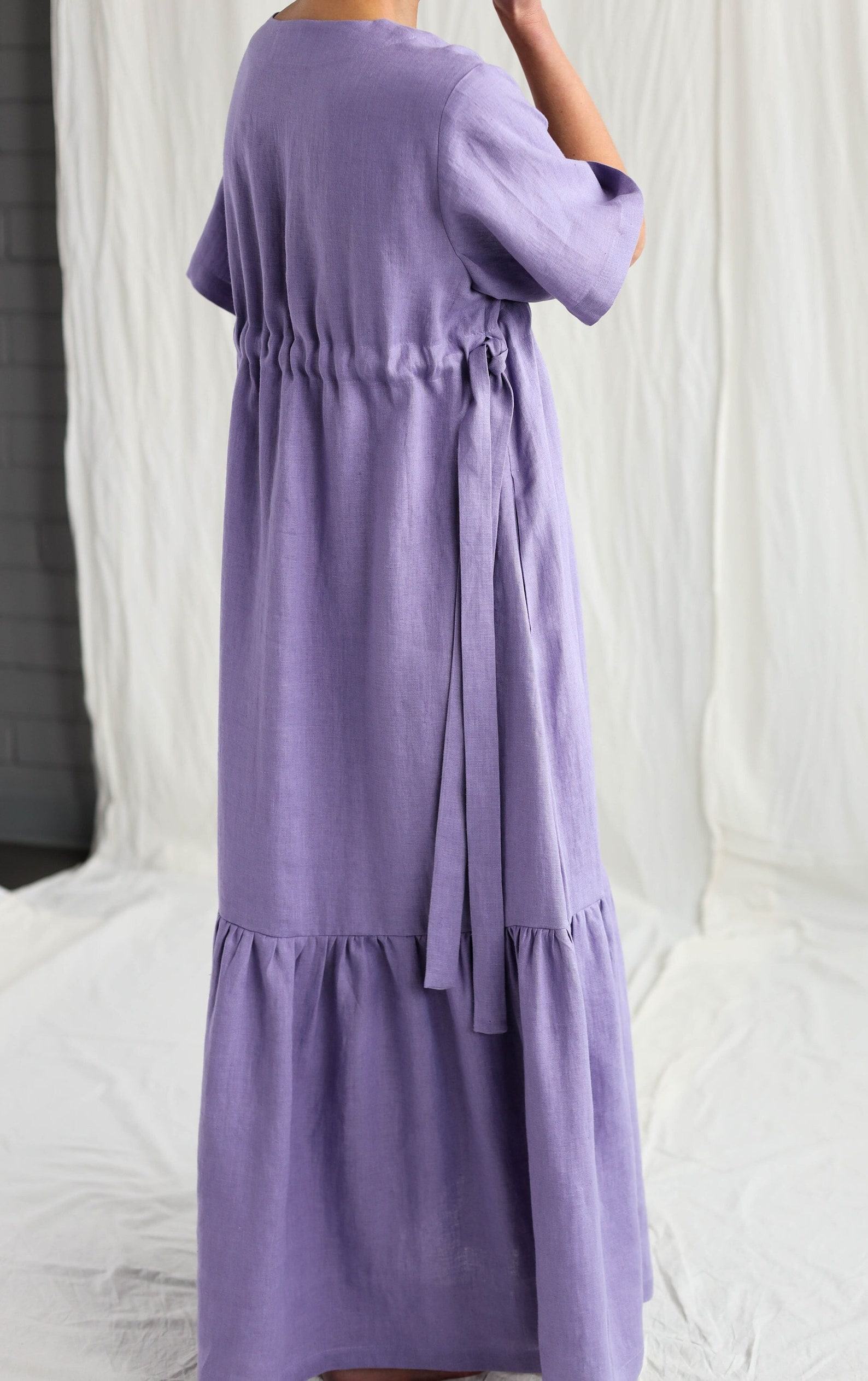 Flowy Linen Maxi Dress with Adjustable Waist Ties Effortless Summer Style by OFFON CLOTHING - Image 2