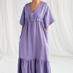Flowy Linen Maxi Dress with Adjustable Waist Ties Effortless Summer Style by OFFON CLOTHING