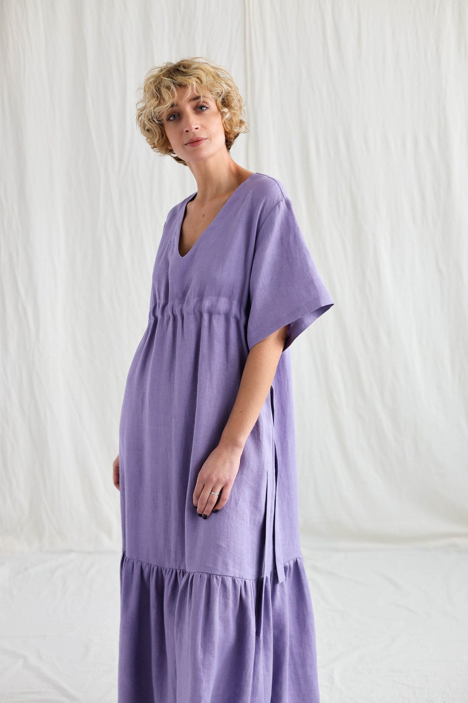 Flowy Linen Maxi Dress with Adjustable Waist Ties Effortless Summer Style by OFFON CLOTHING - Image 5