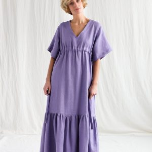 Flowy Linen Maxi Dress with Adjustable Waist Ties Effortless Summer Style by OFFON CLOTHING