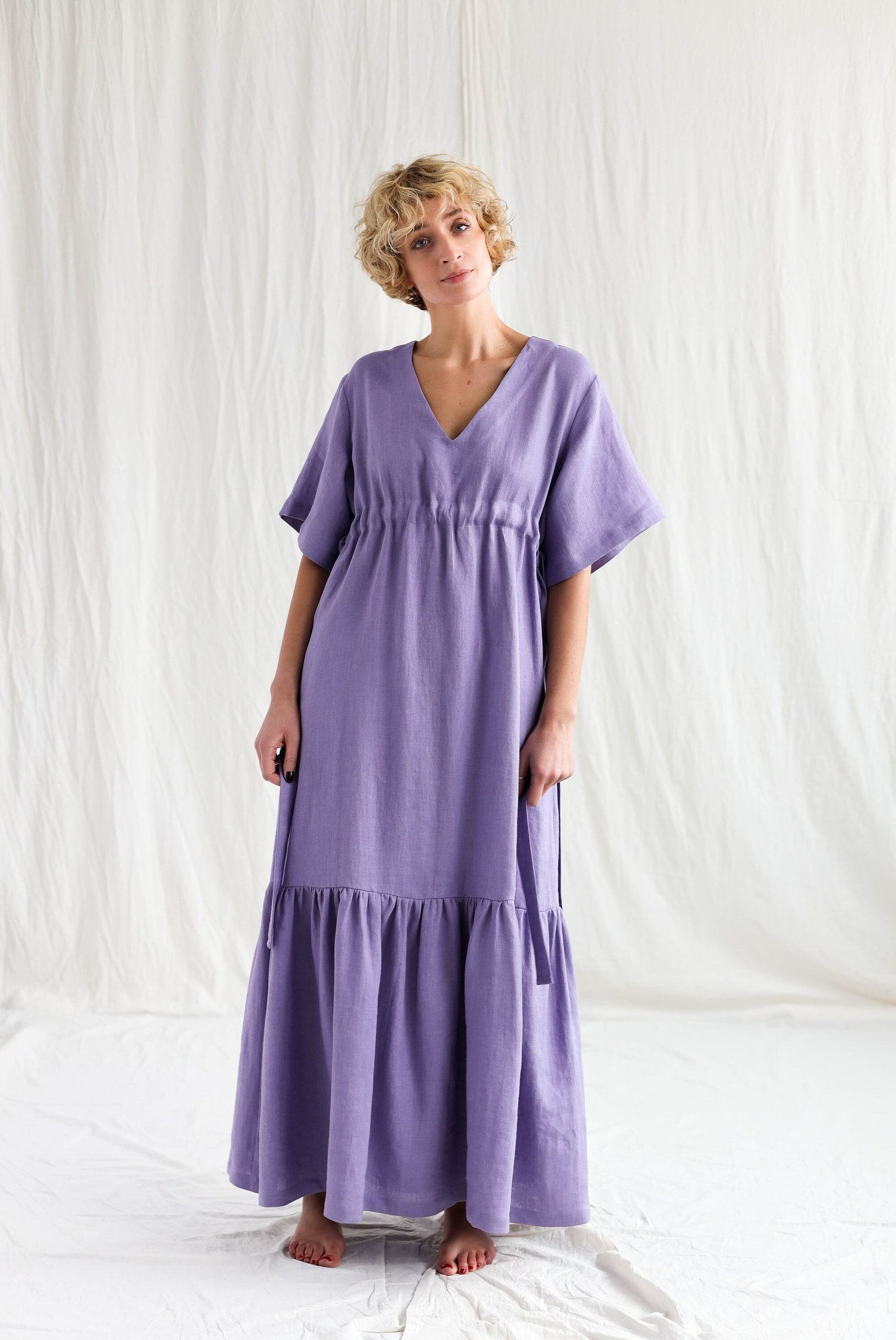 Flowy Linen Maxi Dress with Adjustable Waist Ties Effortless Summer Style by OFFON CLOTHING - Image 4