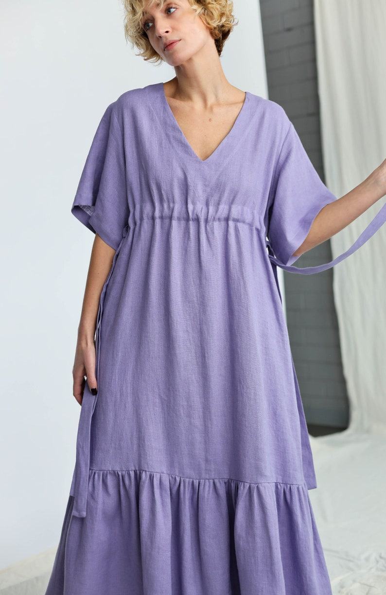 Flowy Linen Maxi Dress with Adjustable Waist Ties Effortless Summer Style by OFFON CLOTHING