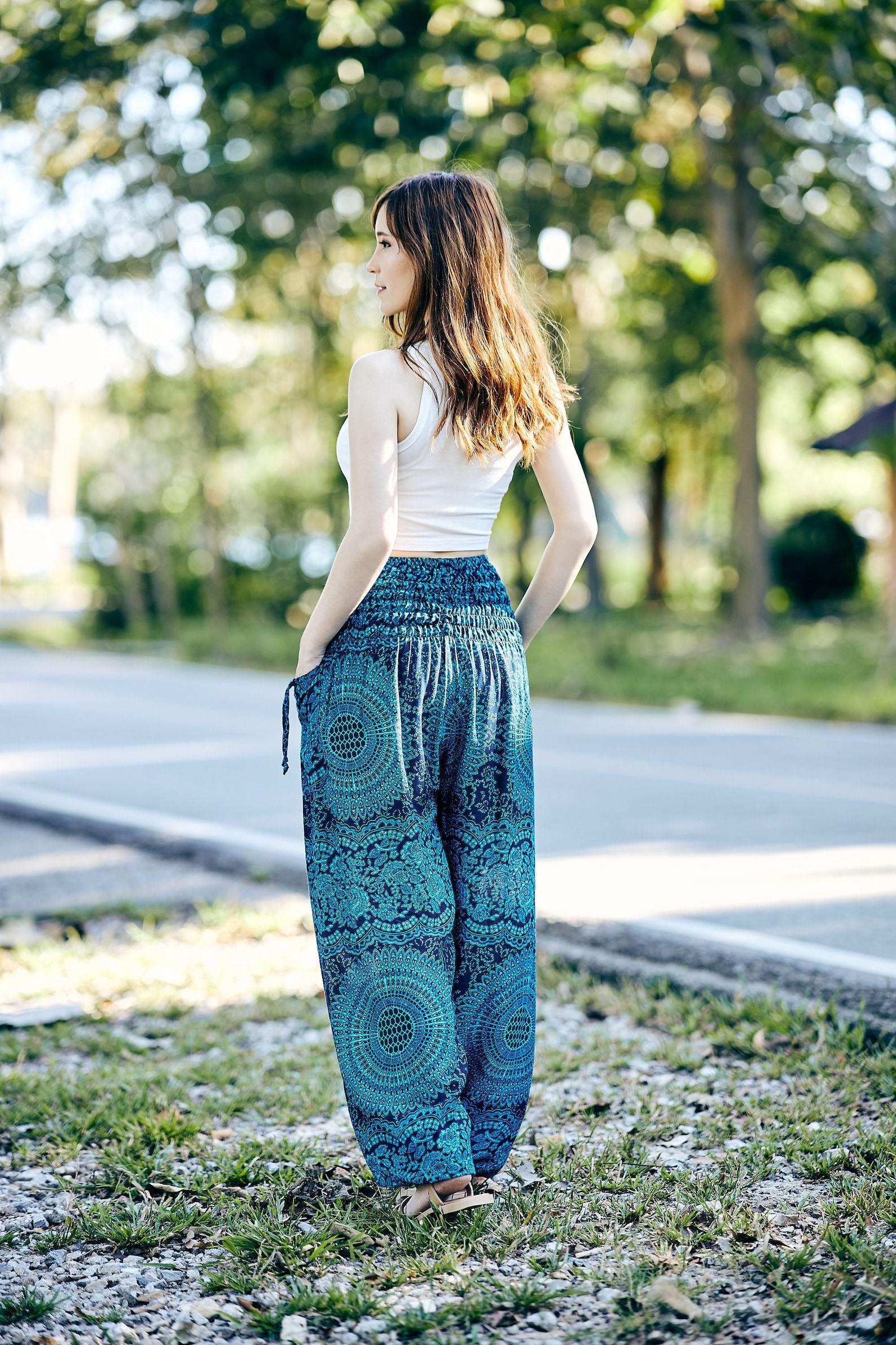Flowy Teal Harem Yoga Pants Bohemian Loungewear for Summer and Festivals - Image 2