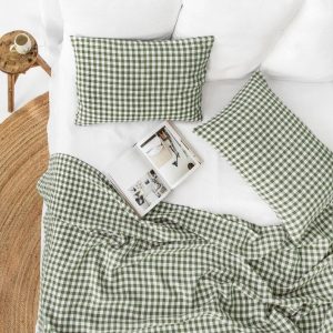 Forest Green Gingham Linen Pillowcase Farmhouse Charm for a Cozy Night’s Sleep