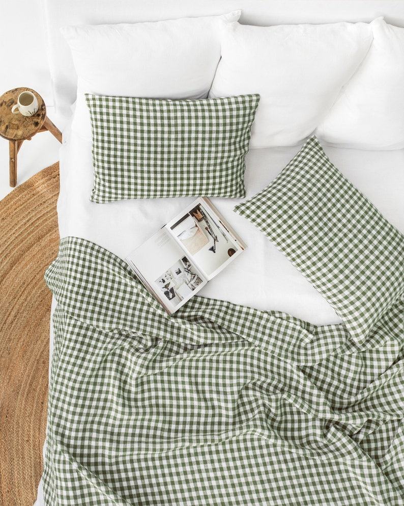 Forest Green Gingham Linen Pillowcase Farmhouse Charm for a Cozy Night’s Sleep