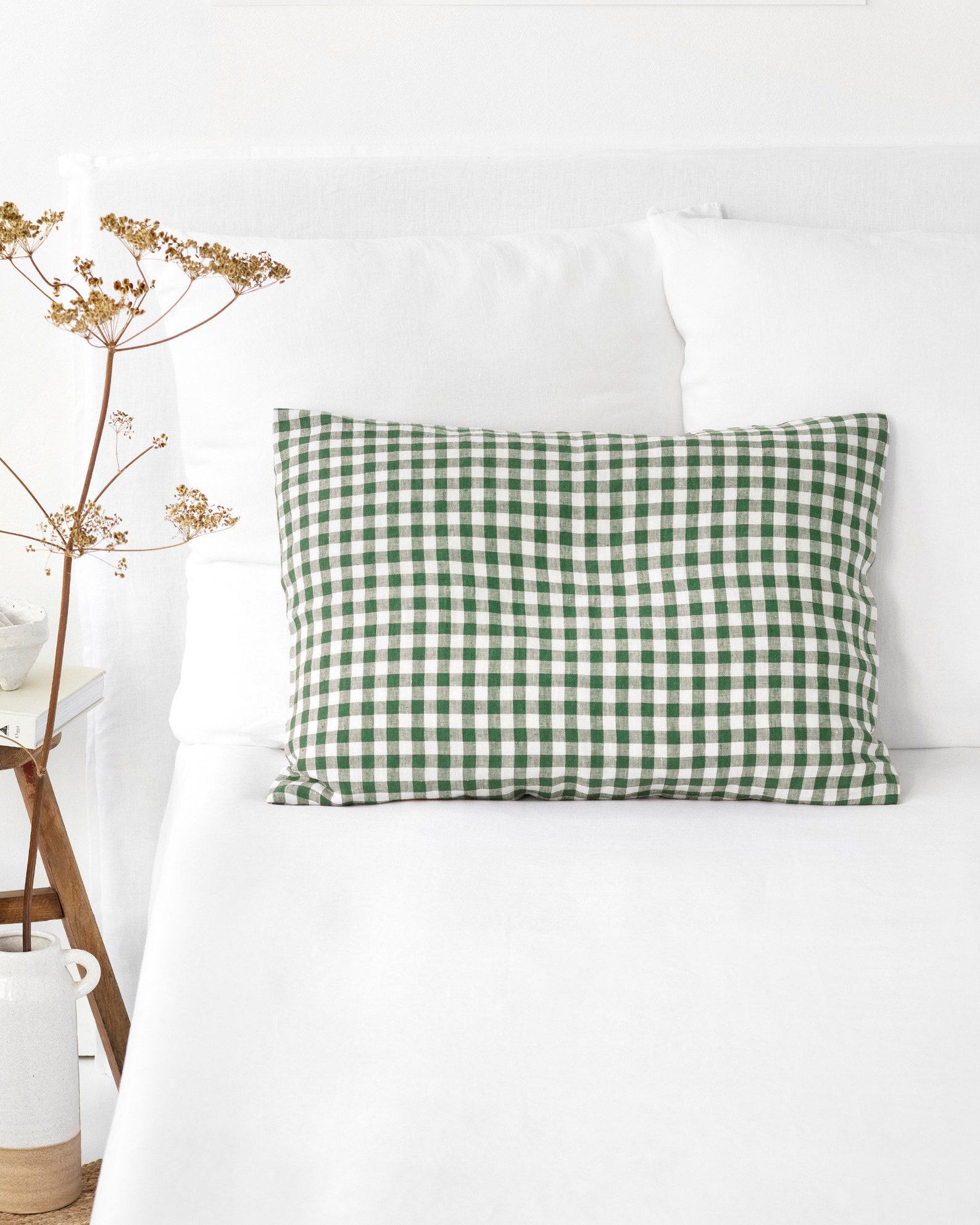 Forest Green Gingham Linen Pillowcase Farmhouse Charm for a Cozy Night’s Sleep - Image 3