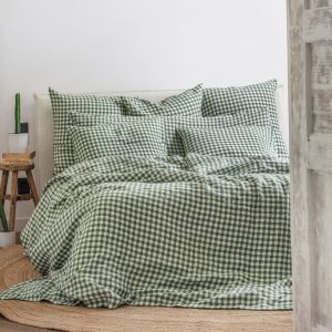 Forest Green Gingham Linen Pillowcase Farmhouse Charm for a Cozy Night’s Sleep