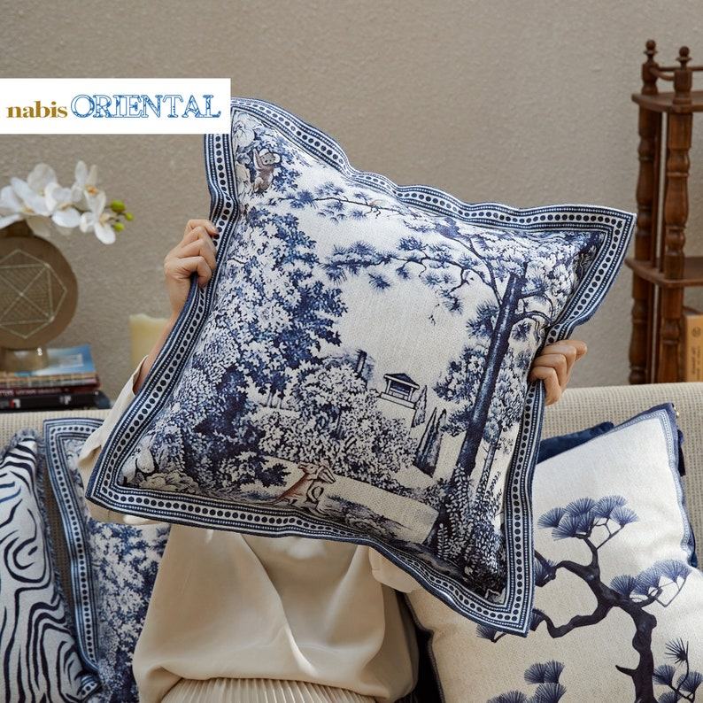 French Blue Forest Throw Pillow Cover Elevate Your Home Decor with Artful Elegance