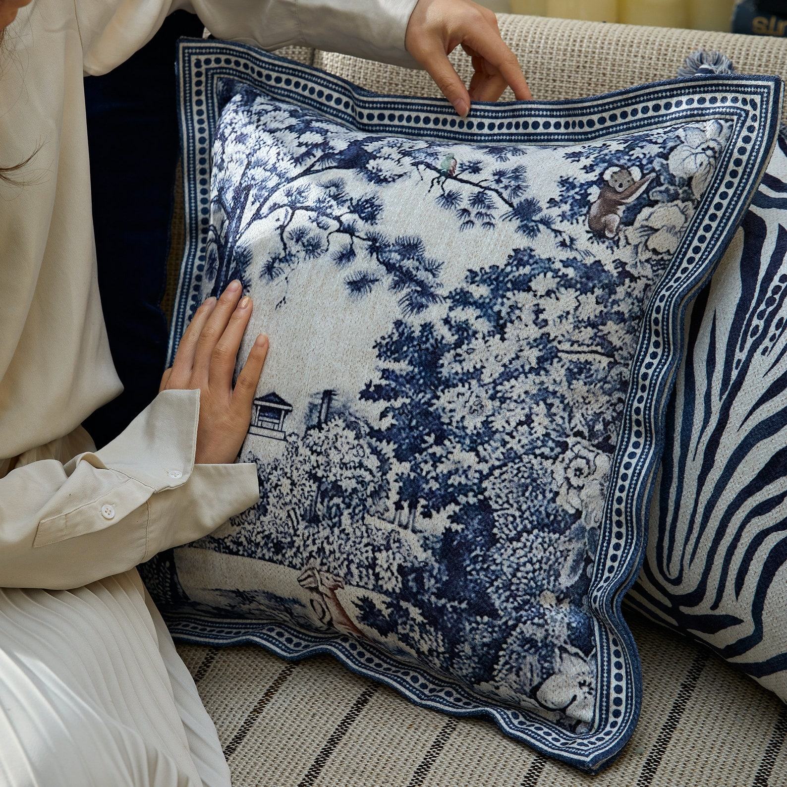 French Blue Forest Throw Pillow Cover Elevate Your Home Decor with Artful Elegance