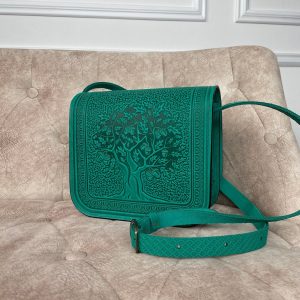 Genuine Leather Messenger Bag Handmade Green Boho Satchel for Women