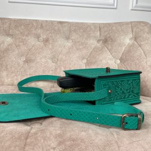 Genuine Leather Messenger Bag Handmade Green Boho Satchel for Women