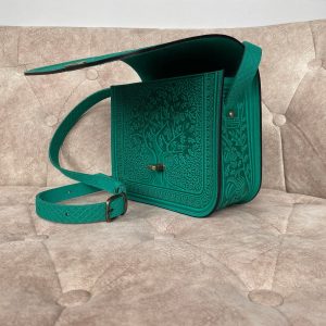 Genuine Leather Messenger Bag Handmade Green Boho Satchel for Women