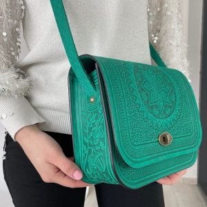 Genuine Leather Messenger Bag Handmade Green Boho Satchel for Women