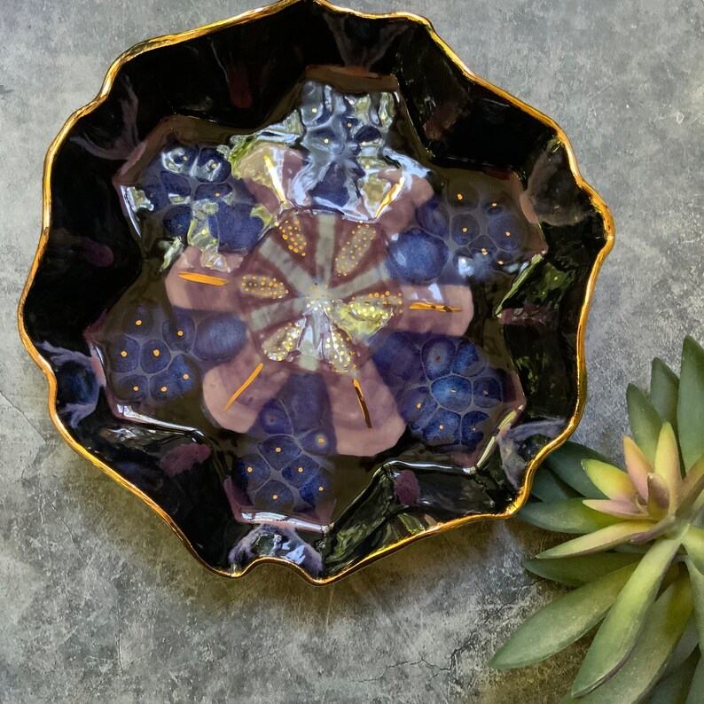 Geometric Elegance Purple and Black Ceramic Dish with Gold Luster