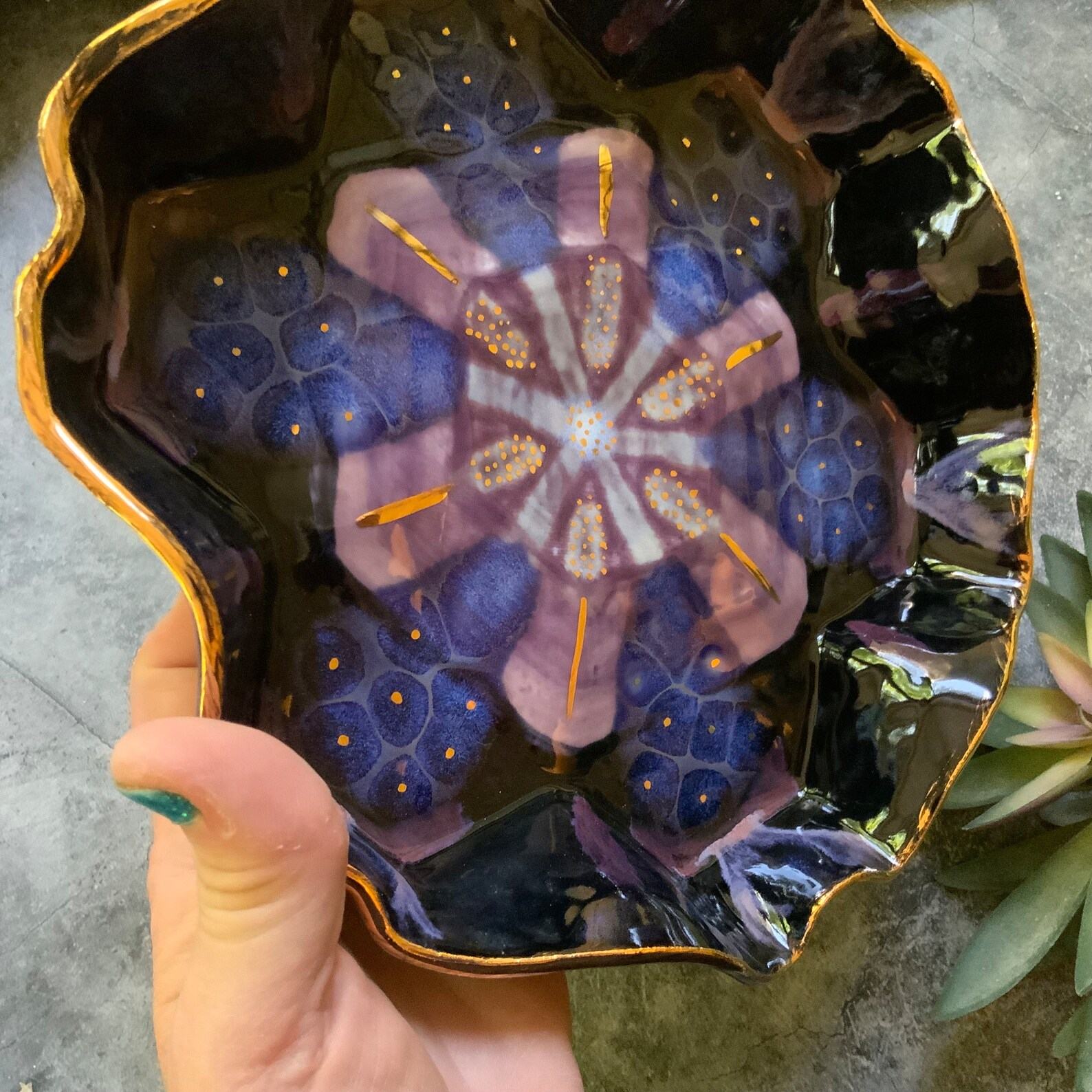 Geometric Elegance Purple and Black Ceramic Dish with Gold Luster