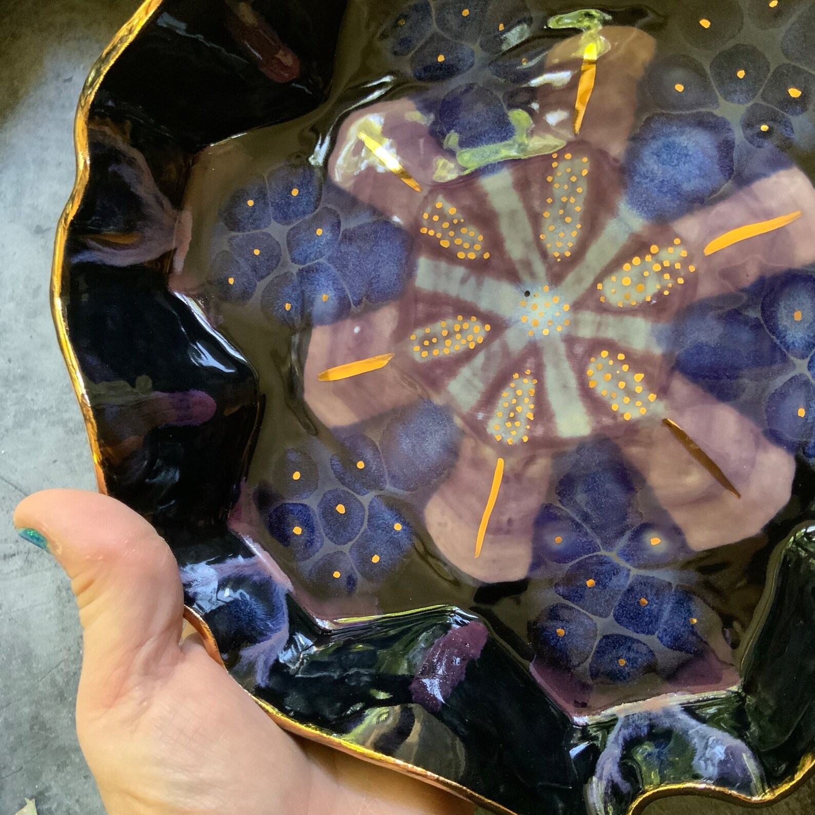 Geometric Elegance Purple and Black Ceramic Dish with Gold Luster