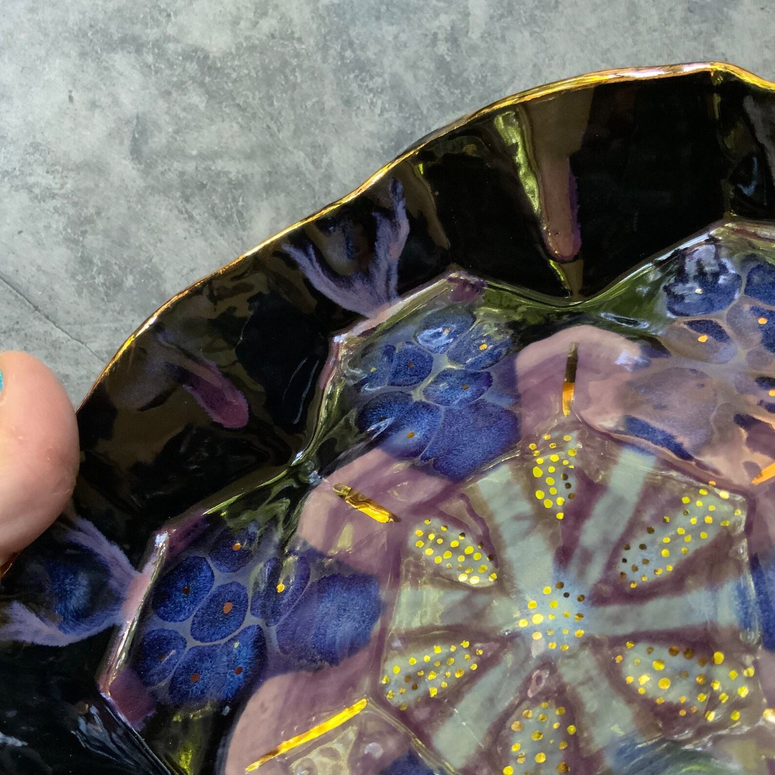 Geometric Elegance Purple and Black Ceramic Dish with Gold Luster