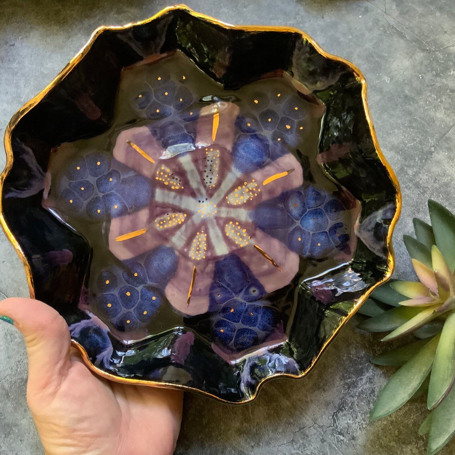 Geometric Elegance Purple and Black Ceramic Dish with Gold Luster