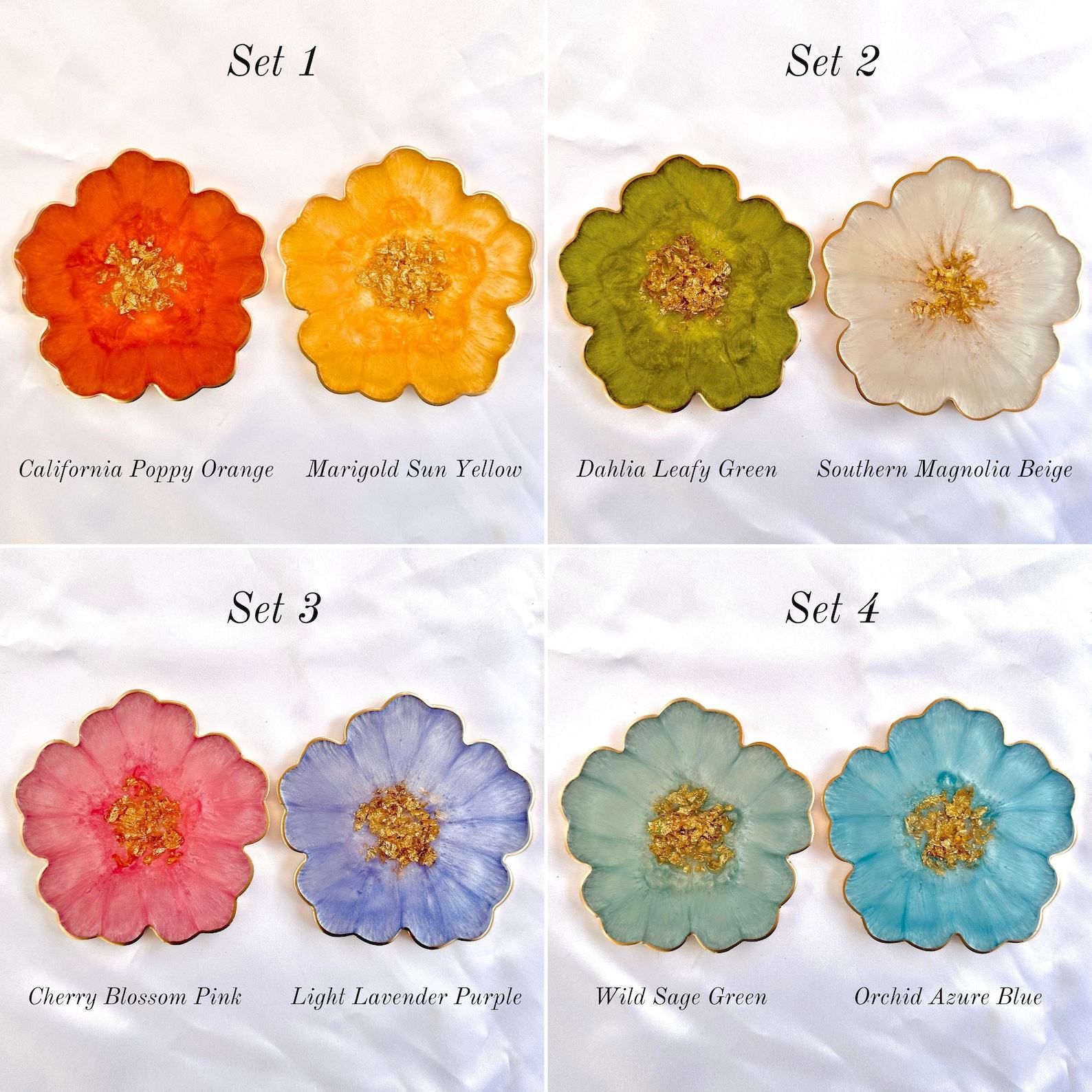 Gilded Garden Handcrafted Resin Coasters with Golden Floral Accents