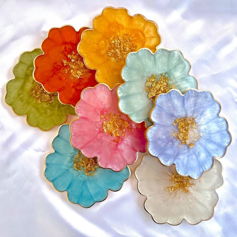 Gilded Garden Handcrafted Resin Coasters with Golden Floral Accents